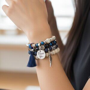 3/$35 Boho Beaded Stretch Bracelet Set Tassel & Charm Stack Love You' Pendant